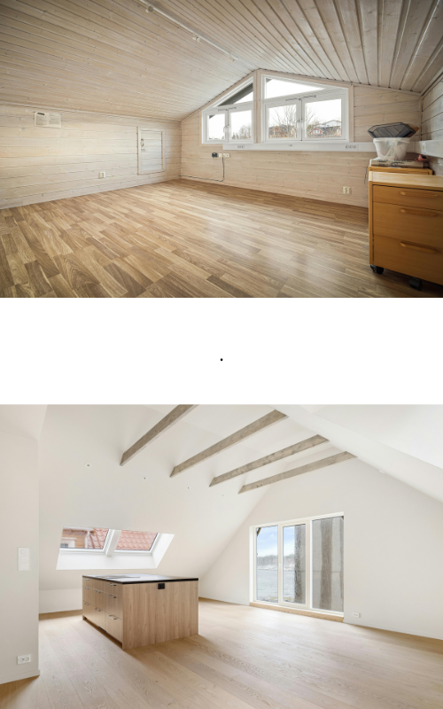 Avant/Après rénovation de loft à Paris : combles lambrissés transformés en pièce de vie lumineuse avec poutres apparentes, fenêtres de toit et îlot de cuisine